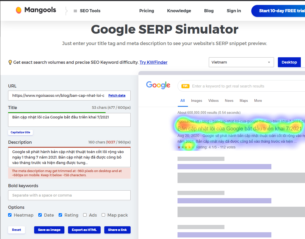 Trình mô phỏng SERP của Mangools